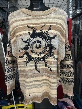 NEW BDG Urban outfitters Oversized Beige & Black Stripe Knit Sweater Sun Motif M